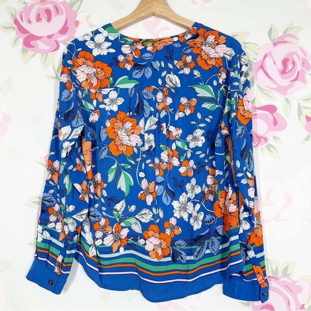 Anthropologie Maeve Floral Blue and Orange Cuffed Sleeve Blouse S - Picture 9 of 10